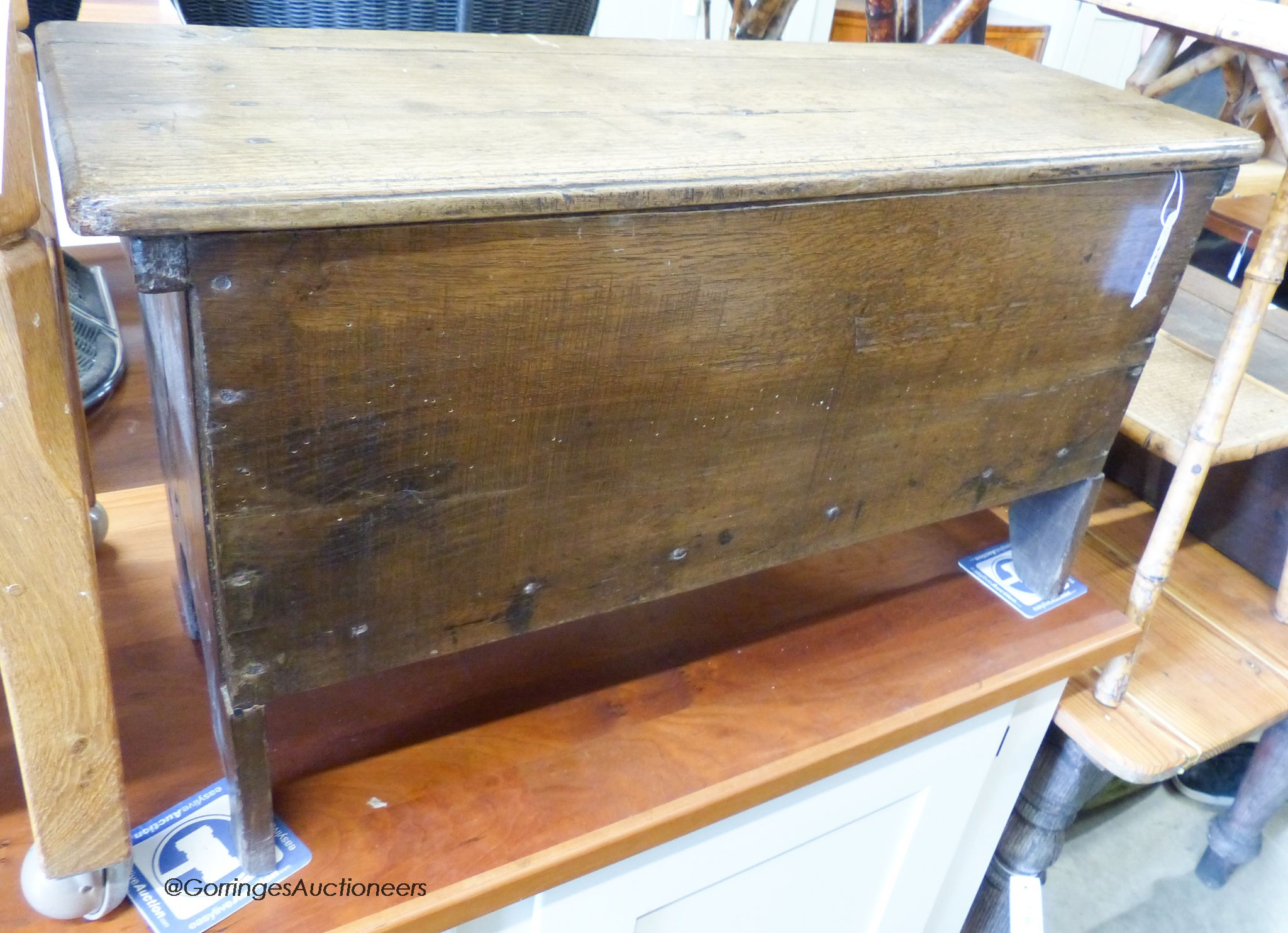 A small 18th century oak 6 plank coffer. W-80cm, D-32cm,H-45cm.